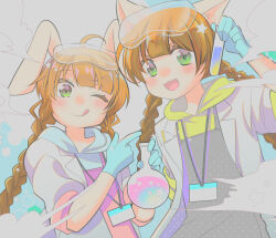 Rule 34 | 2girls, animal ear fluff, animal ears, apron, blue gloves, braid, cat ears, cat girl, flask, gloves, goggles, goggles on head, green eyes, grey apron, holding, holding flask, holding test tube, hood, hoodie, keiri org, lab coat, licking lips, long braid, mimi (pop&#039;n music), multiple girls, name tag, nyami (pop&#039;n music), one eye closed, pink apron, pop&#039;n music, rabbit ears, rabbit girl, round-bottom flask, test tube, tongue, tongue out, twin braids