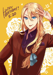 Rule 34 | 1boy, :p, akai higasa, alternate costume, blonde hair, blue eyes, blue ribbon, braid, brown shirt, collared shirt, floral background, hair between eyes, hair over shoulder, hair ribbon, hand up, happy birthday, highres, jacket, licht von granzreich, long hair, looking at viewer, low-braided long hair, low-tied long hair, male focus, open collar, oushitsu kyoushi heine, red jacket, red vest, ribbon, rose background, shirt, single braid, solo, star (symbol), starry background, tongue, tongue out, upper body, v, vest, yellow background