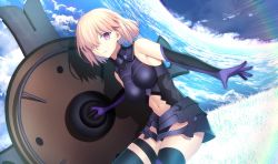 Rule 34 | 1girl, ahoge, armor, bare shoulders, black armor, boobplate, breastplate, clothing cutout, cloud, commentary request, elbow gloves, fate/grand order, fate (series), gloves, grass, hair over one eye, highres, holding, holding shield, holding weapon, looking at viewer, mash kyrielight, mishiro (ixtlolton), navel, navel cutout, one eye covered, outdoors, parted lips, pink hair, purple eyes, purple gloves, shield, short hair, sky, solo, thighhighs, thighs, weapon
