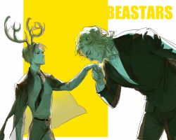 Rule 34 | 2boys, 33469 (lofter), antlers, backlighting, beard, beastars, belt, black jacket, black necktie, black pants, blonde hair, bowing, brown hair, brown jacket, brown pants, closed eyes, closed mouth, collared shirt, copyright name, cowboy shot, dress shirt, facial hair, formal, from behind, glasses, hand up, height difference, highres, holding hands, horns, ibuki (beastars), jacket, jacket on shoulders, long sleeves, looking at another, louis (beastars), male focus, multiple boys, necktie, outstretched arm, pants, personification, profile, shirt, short hair, smile, suit, white background, white shirt, yellow background