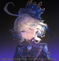 Rule 34 | 1girl, ahoge, ascot, blue ascot, blue eyes, blue hat, blue jacket, brooch, chromatic aberration, commentary, furina (genshin impact), genshin impact, hat, head tilt, jacket, jewelry, looking at viewer, qingshu, short hair, smile, solo, top hat, upper body, white hair