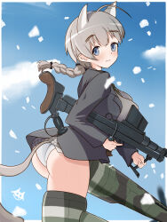 Rule 34 | 1girl, absurdres, ahoge, animal ears, ass, bkf3110, blonde hair, blue eyes, blush, braid, braided ponytail, breasts, cat ears, cat tail, closed mouth, flying, gun, highres, large breasts, long hair, looking at viewer, lynette bishop, panties, ponytail, rifle, sky, smile, solo, strike witches, striker unit, tail, underwear, weapon, wedgie, white panties, world witches series