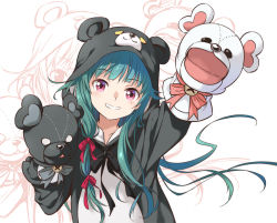 Rule 34 | 1girl, agahari, animal costume, animal ears, animal hood, arm up, bear costume, bear ears, bear hood, blush, foreshortening, green hair, hair ribbon, hand puppet, hand up, hood, hood up, kuma kuma kuma bear, long hair, long sleeves, looking at viewer, outstretched arm, puppet, reaching, reaching towards viewer, red eyes, red ribbon, ribbon, simple background, smile, solo, teeth, upper body, v-shaped eyebrows, very long hair, white background, yuna (kuma kuma kuma bear), zoom layer