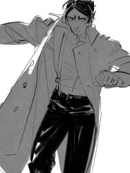 Rule 34 | 1boy, chengongzi123, closed mouth, coat, collared coat, commentary, cowboy shot, golden kamuy, greyscale, hands up, highres, koito otonoshin, looking at viewer, male focus, monochrome, open clothes, open coat, pants, short hair, simple background, standing, suspenders, symbol-only commentary, very short hair, white background