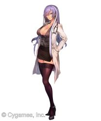 Rule 34 | 1girl, black thighhighs, blue eyes, breasts, buttons, cleavage, company name, copyright name, cygames, doctor, glasses, hand in pocket, high heels, isabelle (shadowverse), lab coat, large breasts, legs, long hair, long legs, looking at viewer, multicolored hair, pencil skirt, purple hair, red-framed eyewear, shadowverse, simple background, skirt, solo, stethoscope, teddy (khanshin), thighhighs, thighs, two-tone hair, white background, white hair