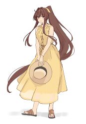 Rule 34 | 1girl, alternate costume, blush, brown eyes, brown hair, closed mouth, dress, flower, full body, hair flower, hair ornament, hair ribbon, hat, highres, holding, holding clothes, holding hat, kantai collection, kasumi (skchkko), long hair, looking at viewer, ponytail, red flower, ribbon, sandals, sidelocks, simple background, sleeveless, sleeveless dress, solo, standing, unworn hat, unworn headwear, very long hair, white background, yamato (kancolle), yellow dress