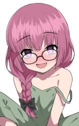 Rule 34 | 1girl, :d, bespectacled, black-framed eyewear, black bow, blunt bangs, blush, bocchi the rock!, bow, braid, collarbone, commentary request, dress, fang, glasses, green dress, hair bow, hair over shoulder, halulu, highres, hiroi kikuri, knees up, long hair, looking at viewer, low-braided long hair, low-tied long hair, open mouth, purple eyes, purple hair, simple background, single braid, smile, solo, strap slip, white background