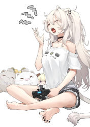Rule 34 | 1girl, ahoge, animal ear fluff, animal ears, bare legs, barefoot, black nails, black shorts, blush, closed eyes, controller, ear piercing, game controller, hair between eyes, highres, holding, holding controller, holding game controller, hololive, indian style, lion ears, lion girl, lion tail, long hair, mitsuru (pixiv 34028718), nail polish, off shoulder, open mouth, piercing, shirt, shishiro botan, shishiro botan (casual), short sleeves, shorts, sitting, solo, ssrb (shishiro botan), tail, tearing up, toenail polish, toenails, tongue, tongue out, tsunomaki watame, very long hair, virtual youtuber, white hair, white shirt, yawning