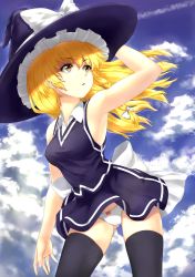Rule 34 | 1girl, adapted costume, armpits, black thighhighs, blonde hair, blue sky, bow, bow panties, braid, breasts, cloud, cloudy sky, collared shirt, contrail, contrapposto, cowboy shot, day, hair ribbon, hand on headwear, hat, hat bow, highres, kirisame marisa, large bow, large breasts, long hair, looking to the side, microskirt, panties, parted lips, ribbon, shirt, sideboob, single braid, skirt, skirt set, sky, sleeveless, sleeveless shirt, solo, standing, sudako (dai011305), taut clothes, taut shirt, thighhighs, touhou, underwear, uniform, uniform vest, vest, white panties, wind, witch hat, yellow eyes