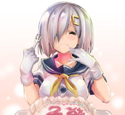 Rule 34 | 1girl, asahi (fullmetal madness), ascot, breasts, cake, closed eyes, collarbone, eating, food, food on face, gloves, gradient background, hair ornament, hair over one eye, hairclip, hamakaze (kancolle), kantai collection, large breasts, looking at viewer, pink background, sailor collar, school uniform, serafuku, short hair, short sleeves, silver hair, sitting, solo, upper body, white gloves