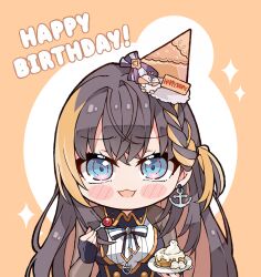 Rule 34 | 1girl, anchor earrings, black hair, blue eyes, blush stickers, bow, bowtie, cake, chibi, commentary, earrings, eating, english commentary, food, happy birthday, hat, highres, holding, holding plate, jewelry, kukie-nyan, long sleeves, looking at viewer, multicolored hair, nijisanji, nijisanji en, official alternate costume, official alternate hair length, official alternate hairstyle, open mouth, orange hair, party hat, petra gurin, petra gurin (2nd costume), plate, short hair, solo, streaked hair, two-tone hair, virtual youtuber