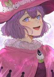 Rule 34 | 1girl, :d, black clover, blue eyes, capelet, dorothy unsworth, fur-trimmed capelet, fur trim, gradient eyes, hair between eyes, hashtag-only commentary, hat, highres, looking at viewer, multicolored eyes, open mouth, pink capelet, pink hat, purple eyes, purple hair, rizaavana, short hair, simple background, smile, solo, sparkle background, twitter username, upper body, witch hat