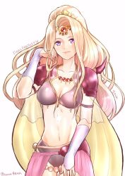 Rule 34 | 1girl, armor, blonde hair, breasts, cape, cleavage, closed mouth, elbow gloves, final fantasy, final fantasy iv, gloves, long hair, looking at viewer, ponytail, rosa farrell, simple background, smile, solo, syanathena, white background