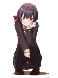 Rule 34 | arm on knee, beige sweater, black hair, black pantyhose, black skirt, blazer, blush, bow, bowtie, brown footwear, brown jacket, buttoned cuffs, buttons, checkered clothes, checkered skirt, commentary request, hair ribbon, hand on own face, idolmaster, idolmaster shiny colors, jacket, lielos, long sleeves, looking at viewer, morino rinze, panties, panties under pantyhose, pantyhose, pantyshot, red eyes, ribbon, shirt, short hair, skirt, smile, solo, squatting, sweater, underwear, white background, white shirt