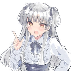 Rule 34 | 1girl, bad id, bad twitter id, black bow, black bowtie, black ribbon, blouse, blush, bow, bowtie, brown eyes, collared shirt, grey hair, grey shirt, hair ribbon, hand up, high-waist skirt, ikeuchi tanuma, index finger raised, long hair, long sleeves, looking at viewer, open mouth, original, ribbon, scolding, shirt, simple background, skirt, solo, sweatdrop, two side up, very long hair, white background, wing collar