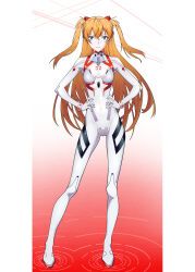 Rule 34 | 1girl, :3, absurdres, artist request, blue eyes, bodysuit, breasts, covered navel, evangelion: 3.0+1.0 thrice upon a time, full body, hands on own hips, highres, interface headset, light smile, long hair, looking at viewer, medium breasts, neon genesis evangelion, neon lights, plugsuit, rebuild of evangelion, simple background, solo, souryuu asuka langley, standing, twintails, two side up, very long hair, white bodysuit, wide hips