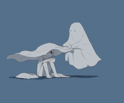 Rule 34 | 1boy, 1other, absurdres, avogado6, barefoot, blanket, blue background, blue theme, commentary request, crying, ghost, highres, holding, holding blanket, monochrome, original, shirt, short sleeves, shorts, simple background, sitting