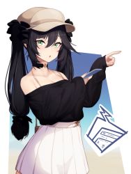 Rule 34 | 1girl, :o, alternate costume, alternate eye color, alternate headwear, bag, bare shoulders, black choker, black shirt, blush, breasts, brown hat, cabbie hat, cellphone, choker, cleavage, collarbone, commentary request, dev (dev0614), eyelashes, fingernails, genshin impact, green eyes, hair between eyes, handbag, hat, holding, holding phone, long hair, long sleeves, looking at viewer, mona (genshin impact), nail polish, off-shoulder shirt, off shoulder, open mouth, phone, pink nails, pleated skirt, pointing, shirt, sidelocks, skirt, slit pupils, smartphone, solo, standing, two side up, white skirt