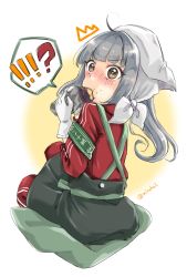 Rule 34 | !, !!, !?, ?, artist request, brown eyes, commentary request, food, gloves, grey hair, head scarf, highres, kantai collection, kasumi (kancolle), long sleeves, pants, puffy cheeks, roasted sweet potato, side ponytail, simple background, sitting, solo, spoken interrobang, sweet potato, track suit, twitter username, v-shaped eyebrows, white gloves, wide-eyed, roasted sweet potato