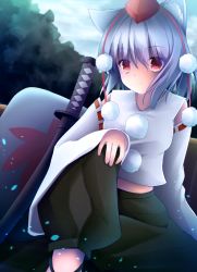 Rule 34 | 1girl, akabeko (ku-enn), animal ears, bare shoulders, blush, breasts, day, detached sleeves, forest, hat, inubashiri momiji, looking at viewer, medium breasts, midriff, nature, pom pom (clothes), red eyes, shield, short hair, silver hair, sitting, sky, solo, sword, tokin hat, touhou, weapon, wolf ears