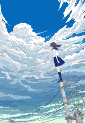 Rule 34 | 1girl, black hair, blue socks, blue sailor collar, blue skirt, blue sky, cloud, cloudy sky, commentary request, day, facing away, from below, highres, kneehighs, on top of pole, original, outstretched arm, pleated skirt, pointing, pointing up, sailor collar, scenery, school uniform, serafuku, seraphitalg, shirt, skirt, sky, socks, solo, standing, utility pole, white shirt, wide shot, wind