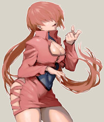 Rule 34 | 1girl, breasts, brown hair, cleavage, cleavage cutout, clothing cutout, cowboy shot, cropped jacket, earrings, female focus, fingernails, grey background, hair over eyes, jewelry, large breasts, long fingernails, long hair, looking at viewer, miniskirt, pointing, pointing at viewer, shermie (kof), simple background, skirt, snk, solo, split ponytail, the king of fighters, ysk!