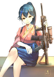 Rule 34 | 10s, 1girl, absurdres, bad id, bad pixiv id, black hair, brown eyes, commentary request, eyebrows, gun, hakama, hakama skirt, highres, houshou (kancolle), japanese clothes, kantai collection, kobaman annwn, long hair, looking at viewer, pantyhose, ponytail, rifle, skirt, solo, submachine gun, tasuki, weapon, weapon request