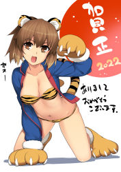 Rule 34 | 1girl, 2022, :d, all fours, animal ears, animal hands, bikini, blush, breasts, brown hair, chinese zodiac, cleavage, dated, fang, fate/zero, fate (series), fujimura taiga, gloves, highres, looking at viewer, medium breasts, namonashi, navel, open mouth, paw gloves, paw pose, ponytail, simple background, smile, solo, striped bikini, striped clothes, student no. 0, swimsuit, tail, tiger ears, tiger tail, white background, year of the tiger