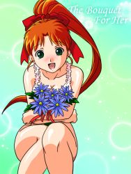 Rule 34 | 1girl, blush, breasts, cleavage, crossed arms, flower, green eyes, high ponytail, holding, long hair, looking at viewer, mana (super real mahjong), nose blush, official art, open mouth, orange hair, solo, super real mahjong, tanaka ryou