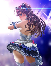 Rule 34 | 1girl, ahoge, ass, backlighting, bare shoulders, blue eyes, blush, breasts, commentary request, contrapposto, cowboy shot, dress, earrings, from behind, gloves, halterneck, hamedoragon, ichinose shiki, idolmaster, idolmaster cinderella girls, idolmaster cinderella girls starlight stage, jewelry, long hair, looking at viewer, medium breasts, smile, solo, stage lights, starry sky bright, thighhighs, tiara, wavy hair, white gloves
