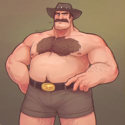 Rule 34 | 1boy, arm hair, bara, belt, black belt, black eyes, body fur, brown background, brown hair, brown hat, brown shorts, chest hair, closed mouth, commentary request, cowboy shot, facial hair, fat, fat man, hat, kuki1210, leg hair, looking at viewer, male focus, muscular, muscular male, mustache, nipples, saxton hale, short hair, shorts, signature, simple background, smile, solo, team fortress 2, thighs, tooth hat, topless male