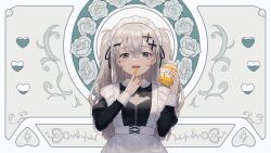 Rule 34 | 1girl, :p, apron, ashika (yftcc948), black bow, black bowtie, black shirt, bow, bowtie, breasts, cleavage, cleavage cutout, clothing cutout, food on hand, frilled apron, frills, grey hair, hair between eyes, highres, holding, holding jar, index finger raised, jam, jar, juliet sleeves, licking, licking finger, long hair, long sleeves, maid, maid headdress, medium breasts, open mouth, original, puffy sleeves, raised eyebrows, shirt, sidelocks, signature, solo, straight-on, tongue, tongue out, two side up, upper body, white apron, white background
