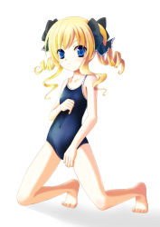 Rule 34 | 10s, 1girl, akechi kokoro, bad feet, barefoot, blonde hair, blue eyes, competition school swimsuit, drill hair, feet, flat chest, kneeling, long hair, one-piece swimsuit, school swimsuit, sekki, solo, swimsuit, tantei opera milky holmes, twintails