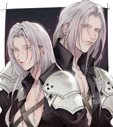 Rule 34 | 1boy, 1girl, black jacket, breasts, chest strap, cleavage, closed mouth, collarbone, collared jacket, commentary, dual persona, final fantasy, final fantasy vii, final fantasy vii remake, genderswap, genderswap (mtf), green eyes, grey hair, hair behind ear, jacket, large breasts, lips, long hair, long sleeves, looking at viewer, mugikoma, parted bangs, pectorals, sephiroth, shoulder pads, symbol-only commentary, twitter username, upper body