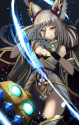 Rule 34 | 1girl, absurdres, animal ears, blunt bangs, breasts, cat ears, catalyst scimitar, chest jewel, cleavage, detached sleeves, facial mark, highleg, highleg leotard, highres, leotard, long hair, low twintails, nia (blade) (xenoblade), nia (xenoblade), shindayomon, silver hair, small breasts, solo, sword, thighhighs, twintails, very long hair, weapon, xenoblade chronicles (series), xenoblade chronicles 2, yellow eyes