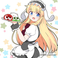 1girl animal_ears apron black_hairband black_skirt blonde_hair blue_eyes blush commentary_request cosplay employee_uniform fake_animal_ears fleur_de_lapin_uniform floppy_ears frilled_apron frilled_hairband frilled_skirt frills from_side gochuumon_wa_usagi_desu_ka? hairband hand_up holding holding_tray kirima_syaro kirima_syaro_(cosplay) long_hair menu mitya open_mouth puffy_short_sleeves puffy_sleeves puyo_(puyopuyo) puyopuyo rabbit_ears redrawn shirt short_sleeves simple_background skirt smile solo tippy_(gochiusa) tray twitter_username very_long_hair waitress watermark white_apron white_background white_shirt witch_(puyopuyo) wrist_cuffs