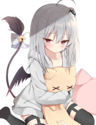 Rule 34 | 1girl, ahoge, black thighhighs, copyright request, hair ornament, hood, hoodie, kamu (geeenius), long hair, one side up, red eyes, silver hair, sitting, solo, stuffed animal, stuffed cat, stuffed toy, tail, thighhighs, wariza, white background, wings, x x