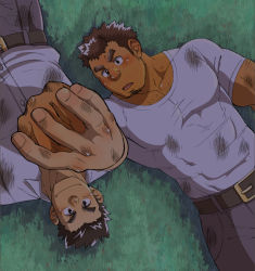 Rule 34 | 2boys, bara, blush, body hair, brown hair, chest hair, couple, ei (bara artist), facial hair, forked eyebrows, goatee, holding hands, long sideburns, male focus, manly, multiple boys, muscular, pectorals, protagonist 3 (housamo), school uniform, shirt, short hair, sideburns, simple background, stubble, takabushi kengo, thick eyebrows, tokyo houkago summoners, upper body