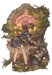 Rule 34 | 1girl, :d, ass, bent over, blue dress, brown eyes, brown hair, cleric (tree of savior), double bun, dress, frilled dress, frills, hammer, highres, leaf, long sleeves, looking back, maggi, official art, open mouth, plant, round teeth, sandals, shield, smile, solo, teeth, tree, tree of savior