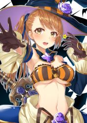 Rule 34 | 1girl, beatrix (granblue fantasy), black gloves, blue hat, blue sleeves, bra, breasts, brown eyes, brown hair, choker, cleavage, collarbone, detached sleeves, flower, gloves, granblue fantasy, hakuishi aoi, hat, hat flower, hat ribbon, long hair, long sleeves, looking at viewer, medium breasts, midriff, navel, open mouth, purple flower, ribbon, side ponytail, solo, stomach, strapless, strapless bra, striped bra, striped clothes, striped ribbon, underboob, underwear, upper body, witch hat