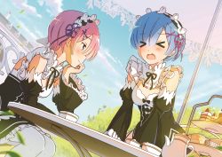 Rule 34 | &gt; &lt;, 2girls, apron, arm support, black ribbon, black skirt, black sleeves, blue hair, breasts, cleavage, closed eyes, closed mouth, day, detached collar, detached sleeves, dutch angle, flower, frilled skirt, frills, hair flower, hair ornament, hair ribbon, head rest, head wreath, highres, hotaru iori, long sleeves, miniskirt, multiple girls, neck ribbon, outdoors, pink hair, pink ribbon, purple ribbon, ram (re:zero), re:zero kara hajimeru isekai seikatsu, red eyes, rem (re:zero), ribbon, roswaal mansion maid uniform, second-party source, short hair, siblings, sisters, sitting, skirt, small breasts, smile, waist apron, white apron, white flower
