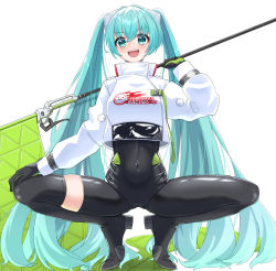 Rule 34 | 1girl, flag, hatsune miku, highres, racing miku, racing miku (2022), solo, sudou (s7 d8), twintails, vocaloid, white background