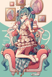 Rule 34 | 1girl, 39, :3, absurdly long hair, amagi hana, anemone (flower), aqua background, armchair, armpit crease, back bow, bare arms, bare legs, barefoot, black skirt, blanket, blue eyes, blue hair, blue nails, blue necktie, bow, buckle, cake, candle, chair, character name, close-up, closed mouth, clothes writing, collared shirt, copyright name, couch, crop top, crown, dot nose, drawing (object), easy chair, eighth note, fingernails, flower, food, footwear bow, fork, frilled cuffs, frilled skirt, frilled straps, frills, fruit, full body, glass footwear, grey shirt, hair between eyes, hair ornament, hands up, hatsune miku, headset, heart, heart-shaped buckle, high-waist skirt, high heels, highres, holding, holding fork, holding plate, jewelry, kneeling, layered skirt, legs, long hair, looking at viewer, lower body, meringue, mini crown, musical note, nape, necktie, number tattoo, on couch, picture frame, plaid, plaid blanket, plaid skirt, plate, pleated skirt, profile, pumps, purple flower, red flower, ring, shirt, shoes, shoulder tattoo, sidelocks, simple background, single shoe, skirt, sleeveless, sleeveless shirt, smile, soles, solo, spaghetti strap, sparkle, sparkle background, strawberry, strawberry shortcake, striped, tareme, tassel, tattoo, thigh strap, tie clip, toes, transparent footwear, triangle hair ornament, twintails, two-tone background, unworn shoes, upper body, vertical stripes, very long hair, vocaloid, wavy hair, white flower, white wrist cuffs, wrist cuffs, yellow background