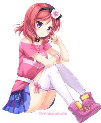 Rule 34 | 1girl, belt, black choker, blouse, blue skirt, blush, boots, choker, clothes writing, commentary, elbow on knee, flower, from side, full body, hair flower, hair ornament, hair ribbon, twirling hair, hairband, happy maker!, highres, knees up, looking at viewer, love live!, love live! school idol festival, love live! school idol project, miniskirt, nishikino maki, pink flower, pink footwear, pink shirt, plaid, plaid skirt, purple eyes, red hair, ribbon, sakurai makoto (custom size), shirt, short hair, simple background, sitting, skirt, smile, solo, sweatband, thighhighs, twitter username, white background, white thighhighs