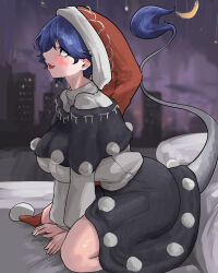 Rule 34 | 1girl, black capelet, black skirt, blue eyes, blue hair, blush, breasts, capelet, city, commentary request, crescent moon, doremy sweet, full body, hat, highres, ise corridor, large breasts, medium bangs, moon, nightcap, open mouth, paid reward available, pom pom (clothes), profile, purple sky, red hat, seiza, shirt, short hair, sitting, skirt, sky, solo, tail, tapir tail, touhou, white shirt