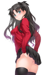 Rule 34 | 1girl, adjusting clothes, ass, black hair, black thighhighs, blue eyes, blush, breasts, chobipero, clothes lift, fate/stay night, fate (series), from side, hair ribbon, highres, lifted by self, long hair, looking at viewer, miniskirt, parted bangs, ribbon, simple background, skindentation, skirt, skirt lift, solo, thighhighs, thighs, tohsaka rin, twintails, two side up, underwear, white background, zettai ryouiki