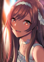 Rule 34 | 1girl, bare shoulders, brown eyes, brown hair, choker, commentary request, hairband, highres, idolmaster, idolmaster shiny colors, long hair, looking at viewer, nanahoshi kou, open mouth, osaki amana, portrait, solo, swept bangs, upper body