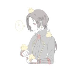 Rule 34 | 10s, 1boy, ame (amemgmgmg), animal, animal on head, bad id, bad pixiv id, bird, bird on head, chick, earrings, jewelry, kashuu kiyomitsu, light smile, long hair, male focus, mole, mole under mouth, nail polish, on head, pale color, ponytail, red eyes, red nails, red scarf, scarf, simple background, solo, thought bubble, touken ranbu, upper body, white background