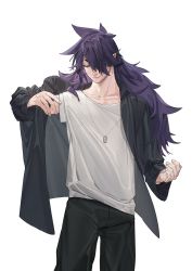 Rule 34 | 1boy, black jacket, black pants, cowboy shot, closed eyes, fengxi (the legend of luoxiaohei), gihuta hiroshi, hair over one eye, highres, jacket, jewelry, long hair, long sleeves, male focus, necklace, pants, pointy ears, purple hair, shirt, short sleeves, simple background, solo, luo xiaohei zhanji, white background, white shirt