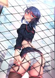 Rule 34 | 1girl, absurdres, ass, black hair, blue eyes, blue sky, blush, boqee, embarrassed, fence, garter straps, highres, kill la kill, looking at viewer, looking back, matoi ryuuko, open mouth, panties, sky, striped clothes, striped panties, sweat, thick thighs, thighs, underwear, upskirt